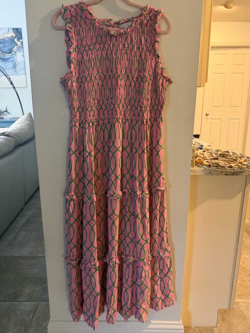 Crown & Ivy Pink & Green Smocked Tiered Midi Dress Size 14